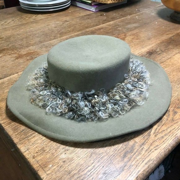 Kathy Jeanne Woman\'s Hat olive Green 100% WOOL large brim curly yarn band main image 6